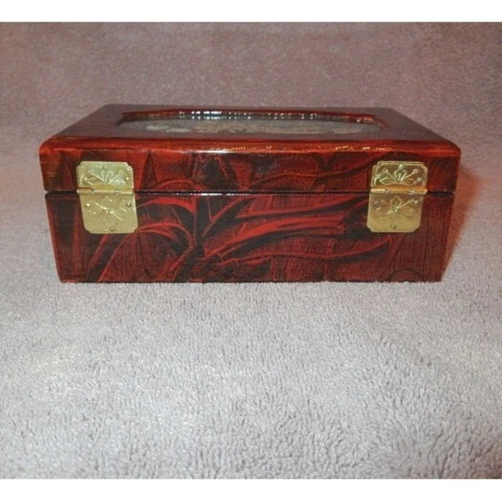 Vintage Wood Jewelry Box Asian Diorama Lacquered Cork Velvet Lined Glass Lid NEW